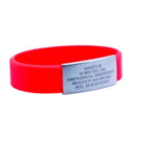 Placa de identificación SAFETY ID en pulsera de silicón roja.