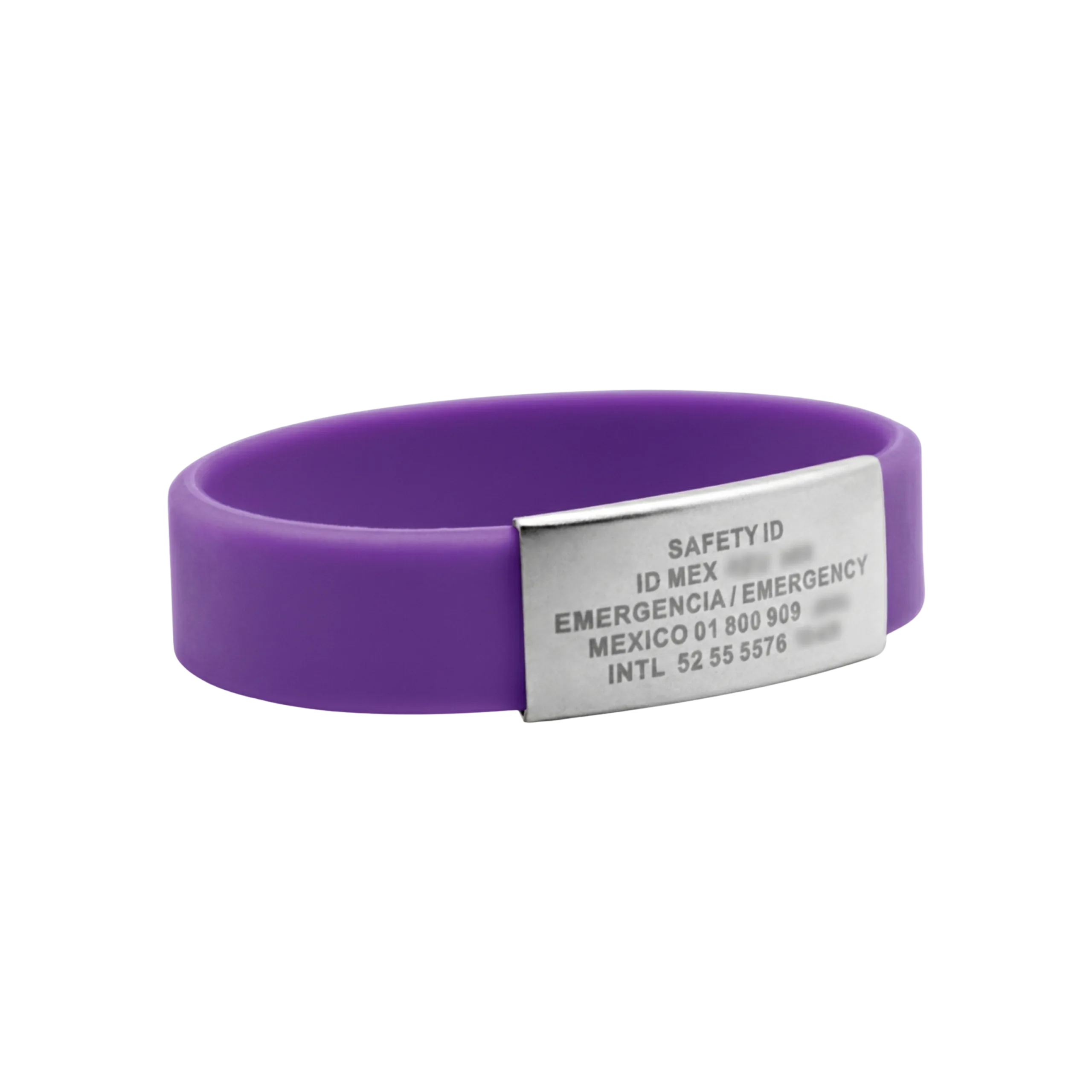 Placa de identificación SAFETY ID en pulsera de silicón M8 morado.